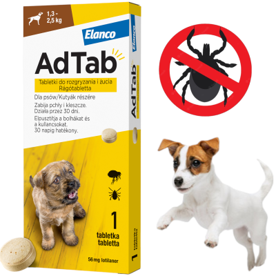 ELANCO Adtab Skuteczna Tabletka do Rozgryzania i Żucia na Kleszcze Pchły Pasożyty dla Psa 56,25mg 1,3-2,5kg