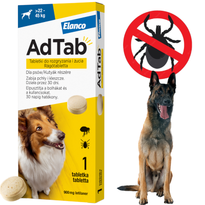 ELANCO Adtab Skuteczna Tabletka do Rozgryzania i Żucia na Kleszcze Pchły Pasożyty dla Psa 900mg 22-45kg
