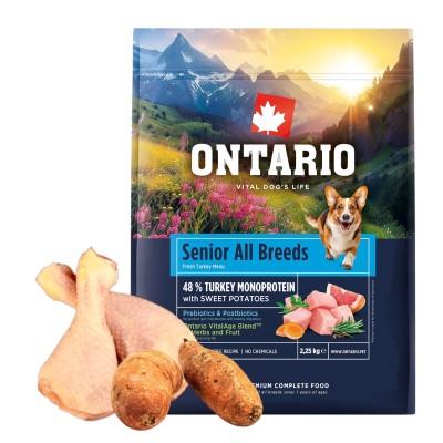ONTARIO SENIOR ALL BREADS MONO TURKEY&POTATOES 2,25KG Karma Monoproteinowa dla Starszych Psów Wszystkich Ras z Indykiem i Słodkim Ziemniakiem