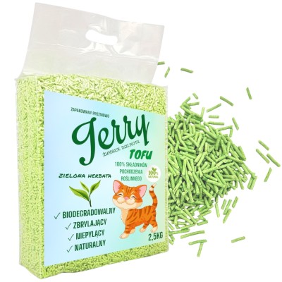 Jerry TOFU Ekologiczny Zbrylający Żwirek Żwir dla Kota Wydajny ZIELONA HERBATA 2,5kg