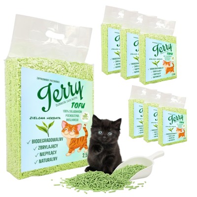 Jerry TOFU Ekologiczny Zbrylający Żwirek Żwir dla Kota Wydajny ZIELONA HERBATA PAKIET 6x2,5kg