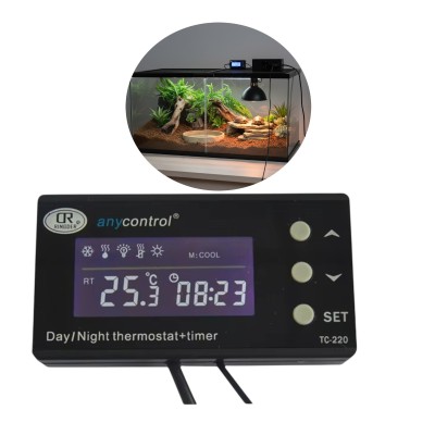 Ringder TC-220 Elektroniczny TERMOSTAT Z TIMEREM 2w1 LCD 220V Do Terrarium Szklarni Oświetlenie i Temperatura