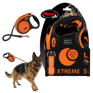 FLEXI XTREME Smycz automatyczna taśma z amortyzatorem L 5m do 65kg POMARAŃCZOWA