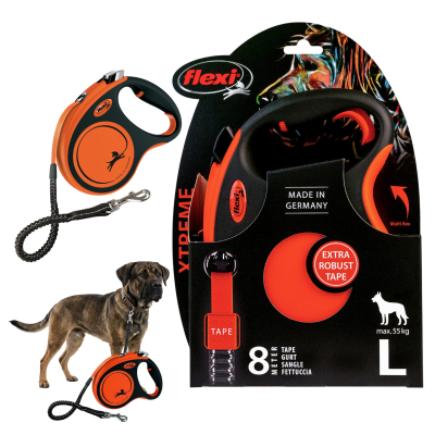 FLEXI XTREME Smycz automatyczna taśma z amortyzatorem L 8m do 55kg POMARAŃCZOWA