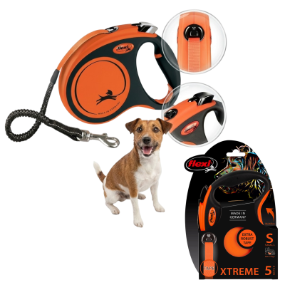 FLEXI XTREME Smycz automatyczna taśma z amortyzatorem S 5m do 20kg POMARAŃCZOWA