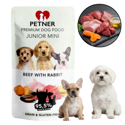 PETNER Wysokomięsna Karma Mokra dla Szczeniąt Wołownina z Królikiem 95,5% Mięsa 500g