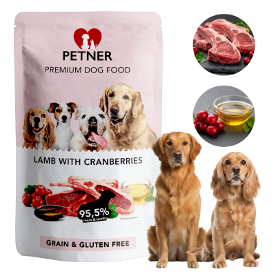 PETNER Wysokomięsna Karma Mokra JAGNIĘCINA Z ŻURAWINĄ 95,5% Mięsa 500g