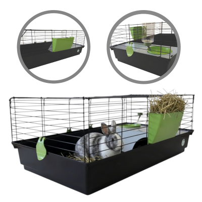AquosPlast Królik PREMIUM 100 Duża Klatka z Wyposażeniem Dla Królika Świnki Morskiej 100x55x38cm + PAŚNIK + POIDEŁKO + DOMEK Czarno-Zielona