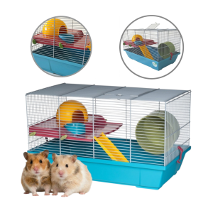 AquosPlast Hamster Azula Klatka Dla Chomika Myszki Małych Gryzoni z Wyposażeniem Niebiesko-Szara 50x28x29cm Model: 148G