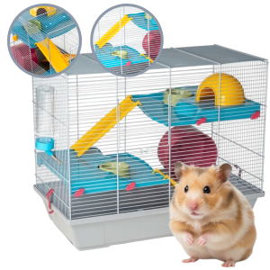 AquosPlast Hamster Gris DUO 2 Poziomowa Klatka Dla Chomika Myszki Małych Gryzoni z Wyposażeniem Szara 50x28x41cm Model: 149G