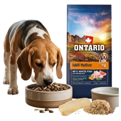 ONTARIO ADULT MEDIUM FISH&amp;BROWN RICE 12KG Karma dla Dorosłych Psów Średnich Ras z Białą Rybą i Ryżem Brązowym