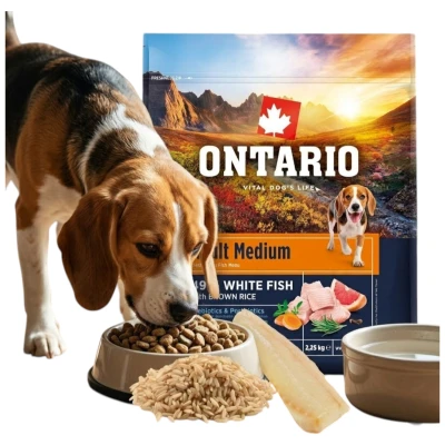 ONTARIO ADULT MEDIUM FISH&amp;BROWN RICE 2,25KG Karma dla Dorosłych Psów Średnich Ras z Białą Rybą i Ryżem Brązowym