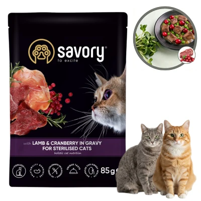 Savory Mokra Karma dla Kotów Kastrowanych POUCH STERILIZED LAMB&amp;CRANBERRY Jagnięcina z Żurawiną Saszetka 85g