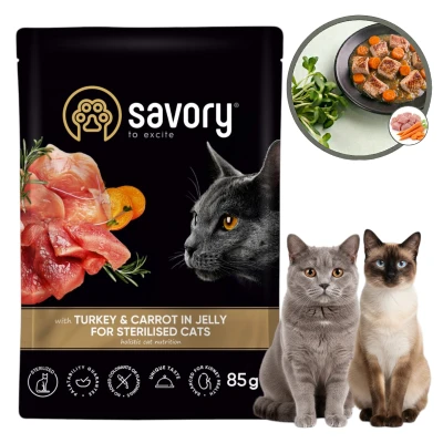 Savory Mokra Karma dla Kotów Kastrowanych POUCH STERILIZED TURKEY&amp;CARROT Indyk z Marchewką Saszetka 85g