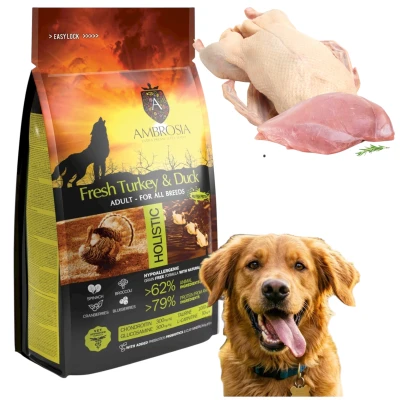 AMBROSIA Adult TURKEY Duck Bezzbożowa 12kg Karma dla Psa Indyk z Kaczką
