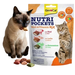 GimCat Nutri Pockets MALT MIX Przysmak Smaczek Przekąska dla Kota Poduszeczki z Nadzieniem Mix 3 Smaków Wołowina, Łosoś, Kocimiętka 150g 