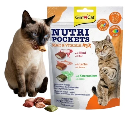 GimCat Nutri Pockets MALT MIX Przysmak Smaczek Przekąska dla Kota Poduszeczki z Nadzieniem Mix 3 Smaków Wołowina, Łosoś, Kocimiętka 150g
