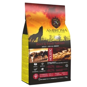 AMBROSIA GF Dog Wołowina ze Świeżym Łososiem 2kg – lśniąca Sierść