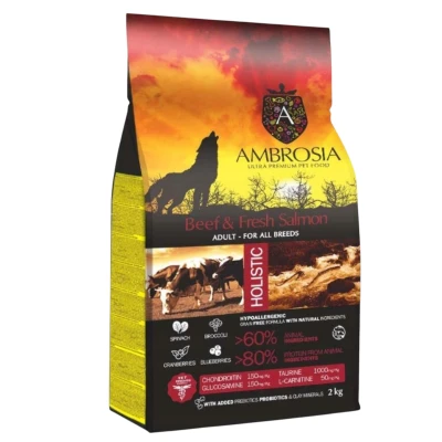 AMBROSIA GF Dog Wołowina ze Świeżym Łososiem 2kg – lśniąca Sierść