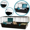 AquosPlast Królik PREMIUM 100 Duża Klatka z Wyposażeniem Dla Królika Świnki Morskiej 100x55x38cm + PAŚNIK + POIDEŁKO + DOMEK Czarno-Niebieska