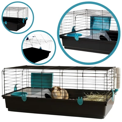 AquosPlast Królik PREMIUM 100 Duża Klatka z Wyposażeniem Dla Królika Świnki Morskiej 100x55x38cm + PAŚNIK + POIDEŁKO + DOMEK Czarno-Niebieska