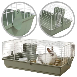 AquosPlast Królik 100 PLUS Duża i Komfortowa Klatka Dla Królika Świnki Morskiej 100x55x40cm + PAŚNIK + MISECZKA + POIDŁO Oliwkowa