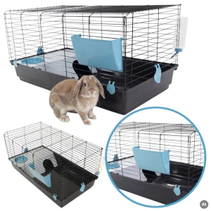 AquosPlast Królik PREMIUM 100 Duża Klatka z Wyposażeniem Dla Królika Świnki Morskiej 100x55x51cm + PAŚNIK + POIDEŁKO + DOMEK Czarno-Niebieska
