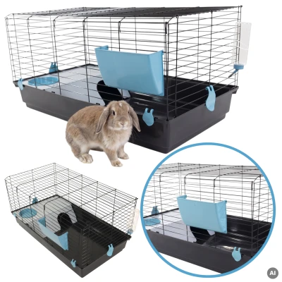 AquosPlast Królik PREMIUM 100 Duża Klatka z Wyposażeniem Dla Królika Świnki Morskiej 100x55x51cm + PAŚNIK + POIDEŁKO + DOMEK Czarno-Niebieska