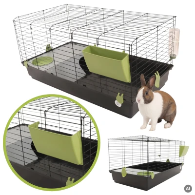 AquosPlast Królik PREMIUM 100 Duża Klatka z Wyposażeniem Dla Królika Świnki Morskiej 100x55x51cm + PAŚNIK + POIDEŁKO + DOMEK Czarno-Zielona