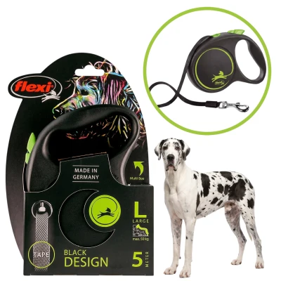 Wytrzymała Smycz Automatyczna Zielona Flexi Black Design L Tape Taśma 5m Dla Psa do 50kg