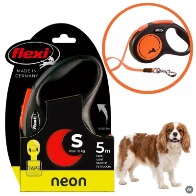 FLEXI SMYCZ DLA PSA AUTOMATYCZNA TAŚMA S 5M Do 15 kg NEON Pomarańczowa