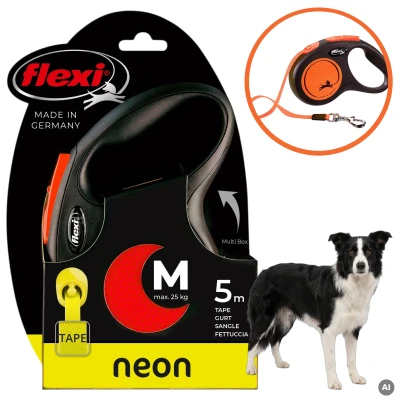 FLEXI SMYCZ DLA PSA AUTOMATYCZNA TAŚMA M 5M do 25KG Classic NEON Pomarańcz