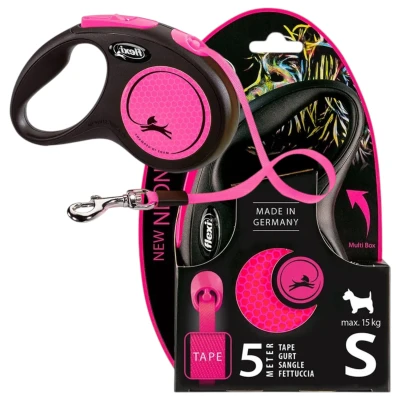 Smycz automatyczna Flexi New Neon S Różowa Taśma 5m Dla Psa do 15kg MOCNA Dla Psa Linka