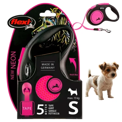 Smycz automatyczna Flexi New Neon S Różowa Taśma 5m Dla Psa do 15kg MOCNA Dla Psa